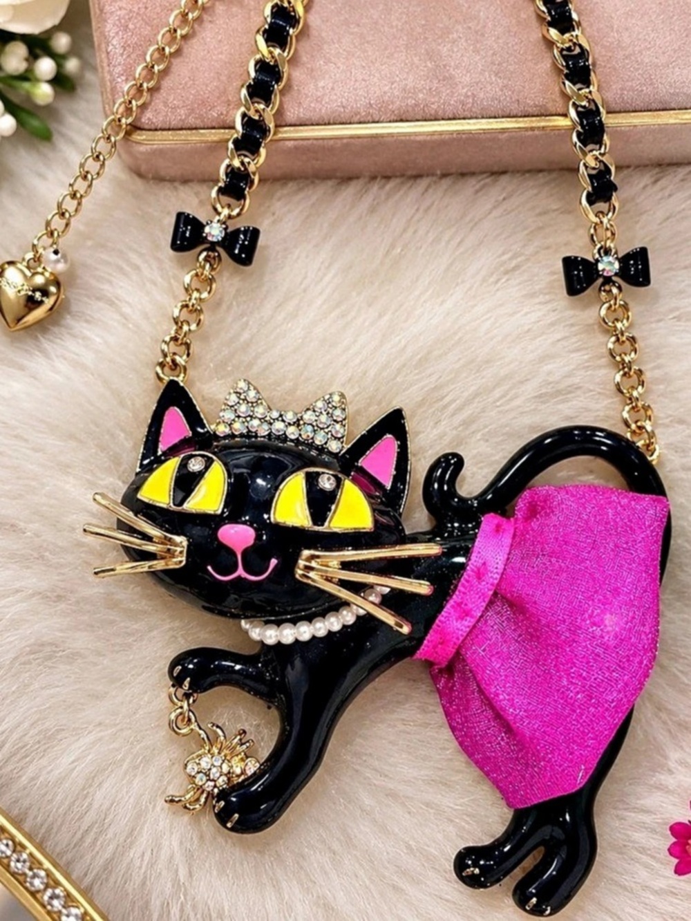 Betsey Johnson Black Cat with Pink Tutu Statement Necklace